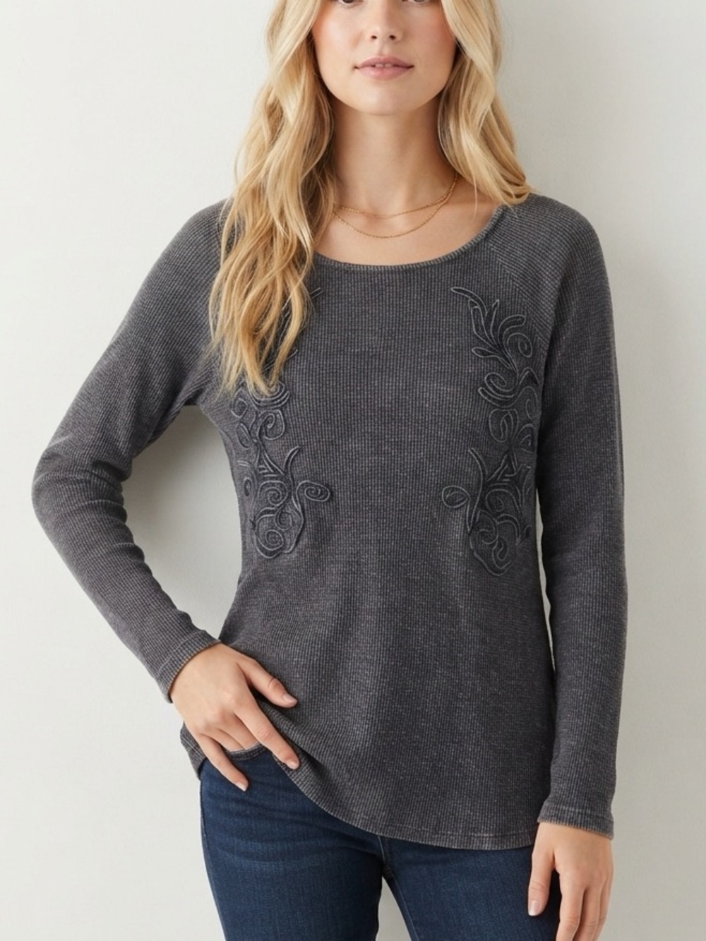 Soft Surroundings Camden Waffle Knit Embroidered Tunic Top